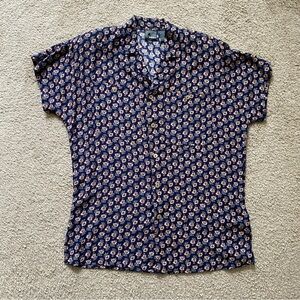 VTG ~ 1990s ~ Lizwear ~ Navy Tunic with Flowers ~ Notched Collar ~ Size S